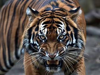 Obraz premium Fierce Tigers Face Baring Formidable Fangs