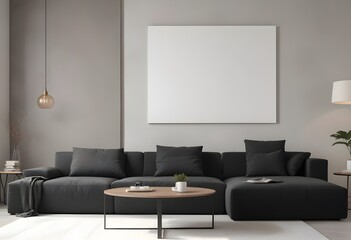 Frame mockup, ISO A paper size. Living room poster mockup. Modern interior design. Living room Interior mockup with house background. 3D render