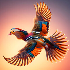 Beautiful Mandarin Duck Flying into the Sunset,Mandarin Duck in Flight During Gorgeous Sunset.