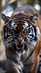 Fototapeta premium Fierce Tiger Face Portrait Baring Fangs