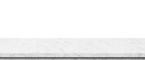 Empty white marble stone table isolated on white background, banner, table top, shelf, counter...