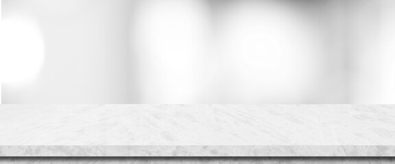 Empty white table top, counter, desk background over blur perspective bokeh light background, White marble stone table, shelf and blurred kitchen restaurant for food, product display mockup, template