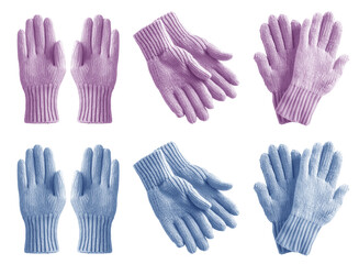 Obraz premium 2 Set of pastel light blue purple knit knitted woven wool fleece hand gloves, front and flat lay view on transparent cutout PNG file. Mockup template for artwork design