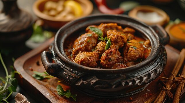 Kerala Style Spicy Asian Chicken Curry with Thick Gravy Served with Kerala Porotta a Popular Breakfast Dish Cooked in an Earthen Pot