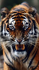Obraz premium Fierce Tiger Baring Its Formidable Fangs in a Focused Portrait