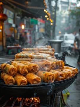 A side view of a street vendor frying spring rolls in a large pan, with the golden rolls sizzling. The minimalist setting captures the simplicity and appeal of freshly prepared Thai street food.