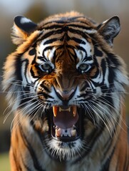 Obraz premium Fierce Tiger Baring Its Sharp Fangs in a Focused Portrait