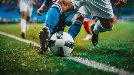 In a soccer game, a soccer player dribbles the ball, a soccer league, a World Cup,