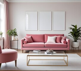 Frame mockup, ISO A paper size. Living room poster mockup. Modern interior design. Living room Interior mockup with house background. 3D render