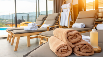 Close up of the water surface in an indoor swimming pool with blurred background, sunlight and reflection on the water, closeup of clear blue water in modern luxury hotel or spa.