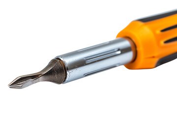 A close-up image of a Phillips head screwdriver with an orange handle.