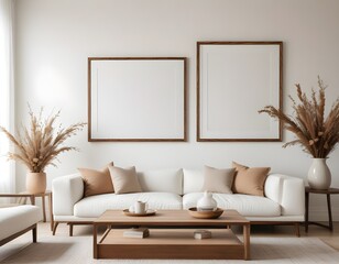 Frame mockup, ISO A paper size. Living room poster mockup. Modern interior design. Living room Interior mockup with house background. 3D render