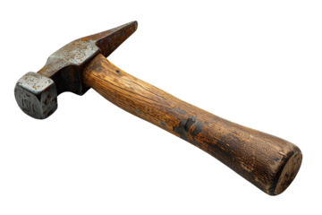 Old vintage hammer with a wooden handle isolated on a transparent background.