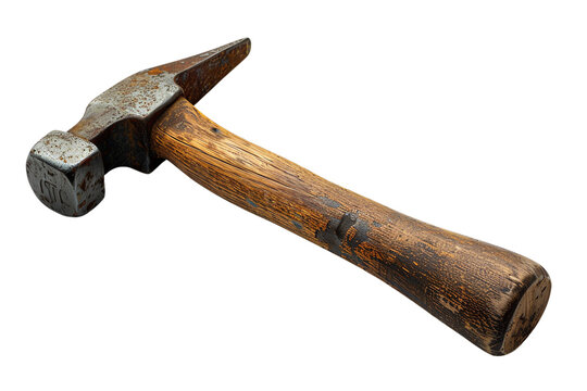 Old vintage hammer with a wooden handle isolated on a transparent background.
