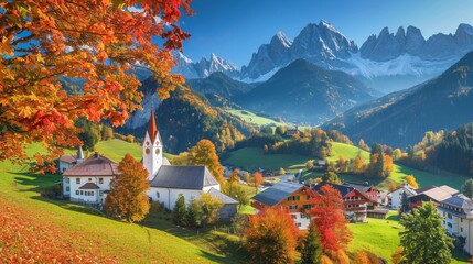 A picturesque autumn scene of the idyllic village in Tirol, with its white houses and colorful trees, set against rolling green hills and surrounded by majestic mountains under clear blue skies - Powered by Adobe