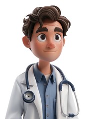 Animated character of a young doctor with a stethoscope, wearing a white coat and blue shirt, smiling confidently.