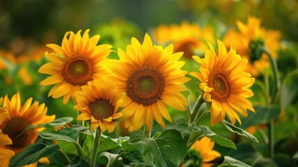Fototapeta premium Summer garden blooms with vibrant yellow sunflowers