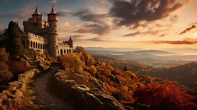 An enchanting autumn castle perched on a hill