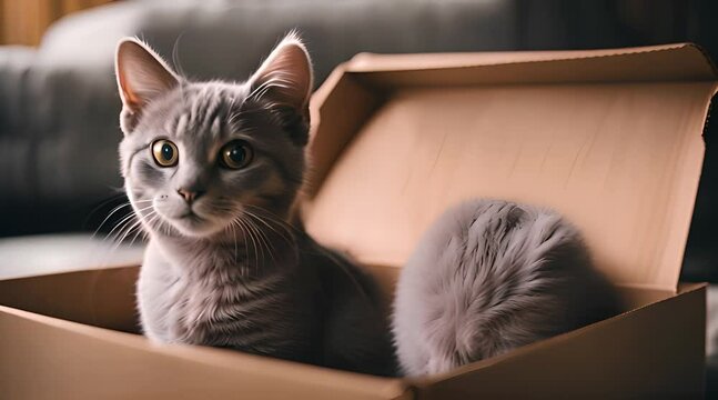 Close-Up of a Grey Kitten's Blissful Moment in a Cardboard Box, Celebrating the Joy of Keeping a Furry Best Friend at Home