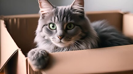 Adorable Grey Kitten Finds Bliss in a Cardboard Box, Creating a Close-Up Portrait of Furry Pet Serenity