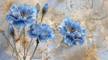 Vintage holiday card design featuring macro blue carnations on a textured backdrop, enriched with gold powder and tidewater stains.