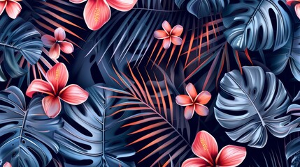 Tropical pattern with palm leaves and exotic flowers	
