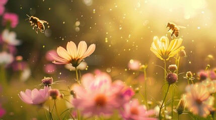 Bees pollinating vibrant blooms in lush meadow on sunny day	