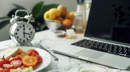 A laptop is on a table with a clock and a bowl of fruit. The clock 