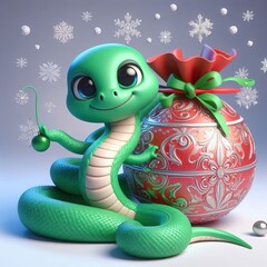 3D image of a cute, smiling, green snake sits next to an ornamental bag in a snowflake pattern on a blue background