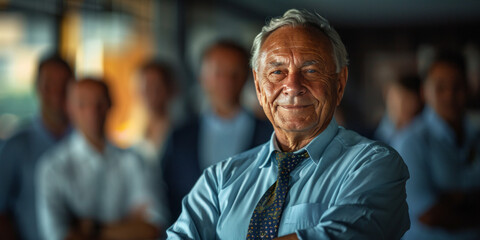 Fototapeta premium A portrait of a smiling senior businessman, standing in front of his team at the office.