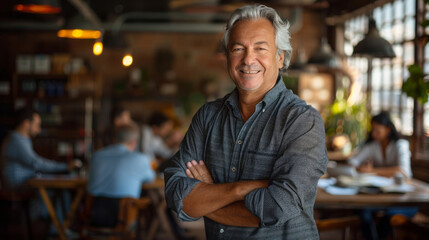 Obraz premium A portrait of a smiling senior businessman, standing with his arms crossed in his office, with a group of people working at a table behind him.