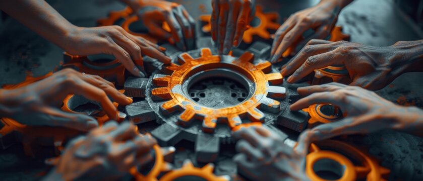 Hands holding and assembling an intricate orange metal gear, signifying collaborative efforts in product development.