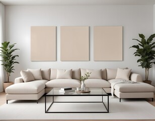 Frame mockup, ISO A paper size. Living room poster mockup. Modern interior design. Living room Interior mockup with house background. 3D render