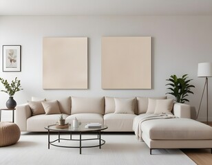 Frame mockup, ISO A paper size. Living room poster mockup. Modern interior design. Living room Interior mockup with house background. 3D render