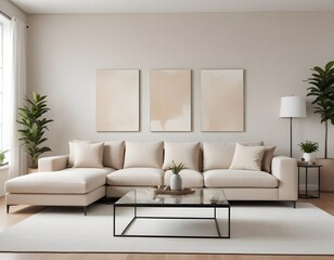 Frame mockup, ISO A paper size. Living room poster mockup. Modern interior design. Living room Interior mockup with house background. 3D render