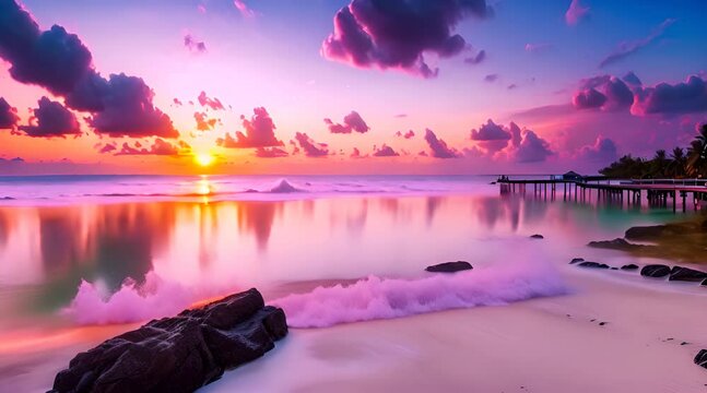 Time-Lapse of a Tropical Beach and Sea at Sunset, with Colorful Dramatic Skies and Romantic Passion on Tomia Island, Wakatobi National Park, Indonesia