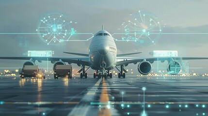 Fototapeta premium A high-tech cargo aircraft on the runway, surrounded by automated loading vehicles and digital monitoring systems, emphasizing innovation in air transport