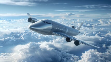 Fototapeta premium A sleek cargo plane with advanced propulsion systems and aerodynamic design, flying through the clouds, symbolizing technological progress in aviation