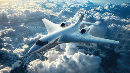A sleek cargo plane with advanced propulsion systems and aerodynamic design, flying through the clouds, symbolizing technological progress in aviation