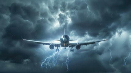 A cargo aircraft equipped with advanced safety features and digital monitoring systems, flying through a stormy sky, highlighting technological advancements