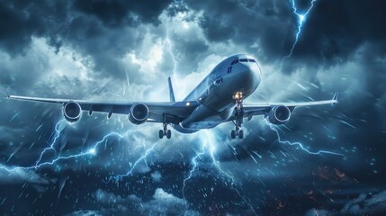 Fototapeta premium A cargo aircraft equipped with advanced safety features and digital monitoring systems, flying through a stormy sky, highlighting technological advancements