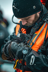 Diver inspecting life jacket, checking equipment before water activity, safety protocols.