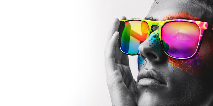 close up 2 young lgbt couple wear rainbow eye glasses, white background with copy space on left side