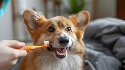 Cute corgi dog brushing teeth at home or vet background, mouth open in happy expression toothbrush gently clean teeth, healthy teeth dental hygiene pet animal lifestyle concept, 3d digital art