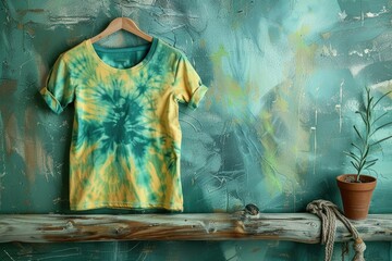 Colorful Tie-Dye T-Shirt on Wooden Hanger Against Artistic Green Background