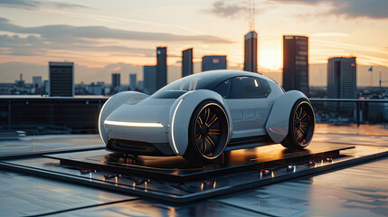 Obraz premium Futuristic Electric Car on Rooftop at Sunset Overlooking City Skyline
