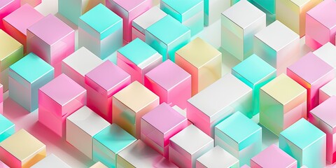 isometric view of a Blush Pink and Light Lemon and magenta 3d render pattern with cyan accents on white background