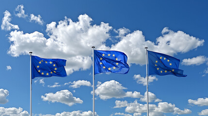 EU Flags Aloft. Three EU flags wave against a blue sky, symbolizing unity.