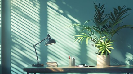 realistic photo of a modern office desk with a desk lamp, a notebook, and a plant