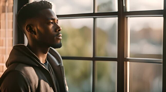 Portrait of a Thoughtful Young Black Man Reflecting on Life by the Window